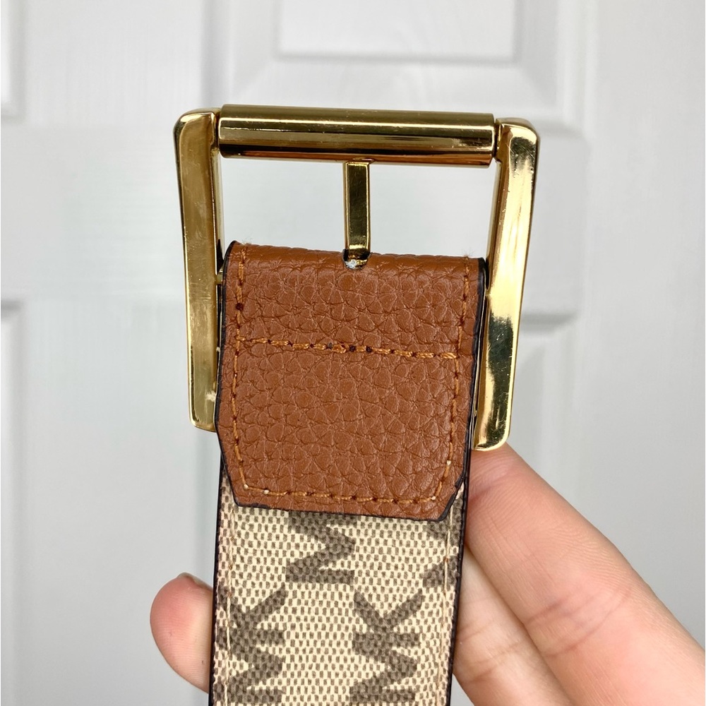 Michael Kors Reversible Logo MK Tan Brown Leather Belt Gold Size Small NWOT - Picture 13 of 15